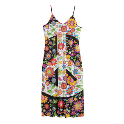 Hippie Flower Peace Sign Print Jersey Midi Cami Dress