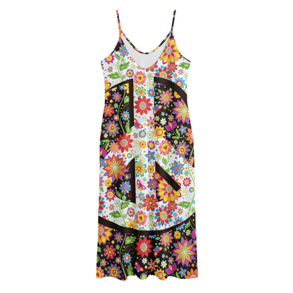 Hippie Flower Peace Sign Print Jersey Midi Cami Dress