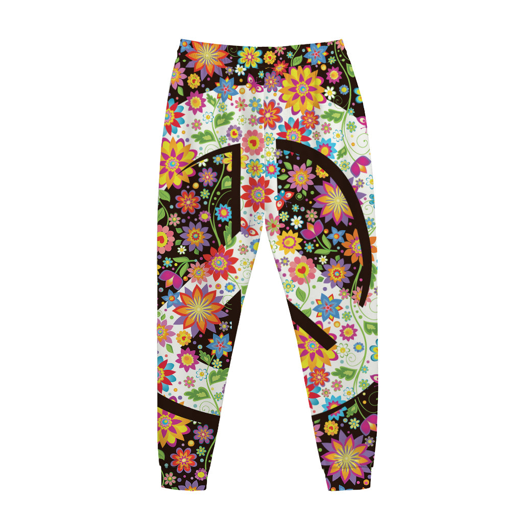 Hippie Flower Peace Sign Print Jogger Pants