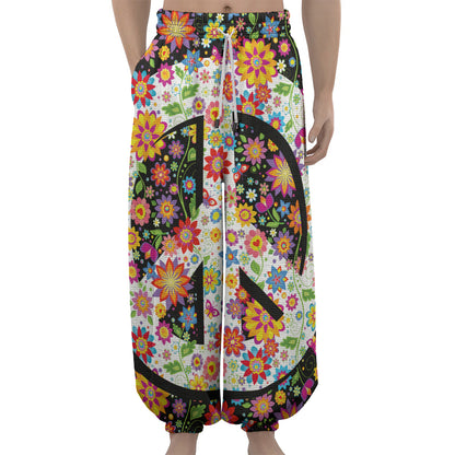 Hippie Flower Peace Sign Print Lantern Pants