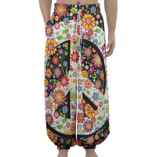 Hippie Flower Peace Sign Print Lantern Pants