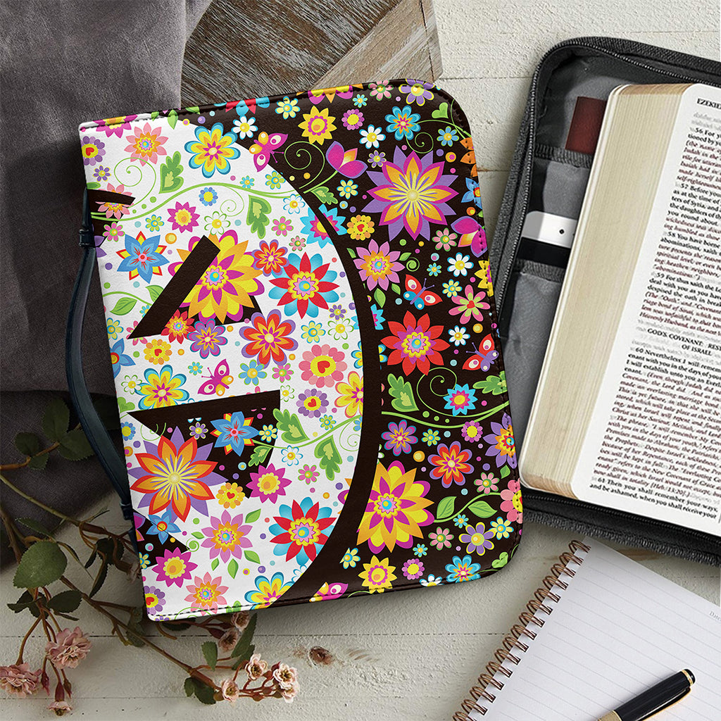 Hippie Flower Peace Sign Print Leather Bible Cover