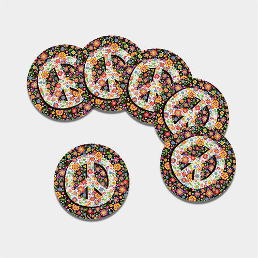 Hippie Flower Peace Sign Print Leather Coaster Set