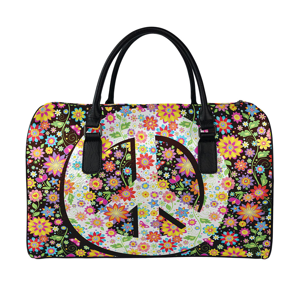 Hippie Flower Peace Sign Print Leather Duffle Bag