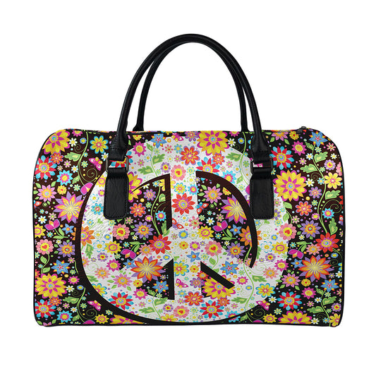 Hippie Flower Peace Sign Print Leather Duffle Bag