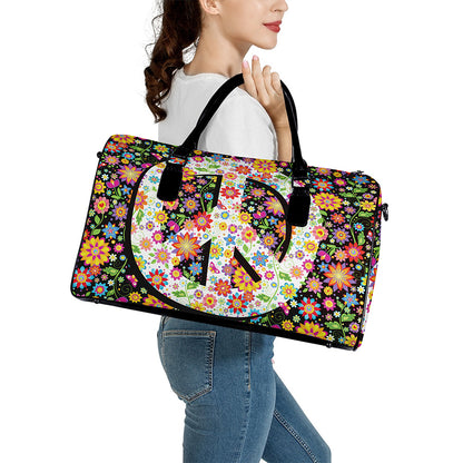 Hippie Flower Peace Sign Print Leather Duffle Bag