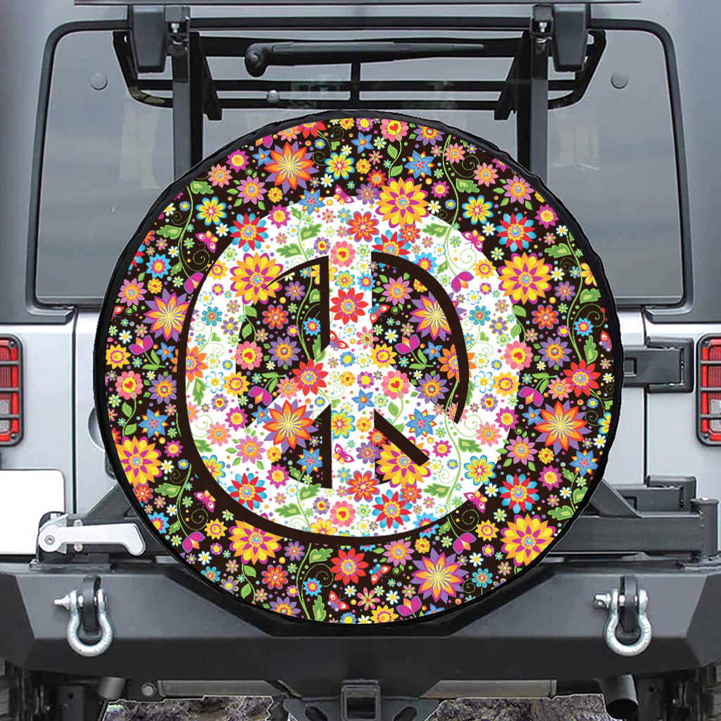 Hippie Flower Peace Sign Print Leather Spare Tire Cover