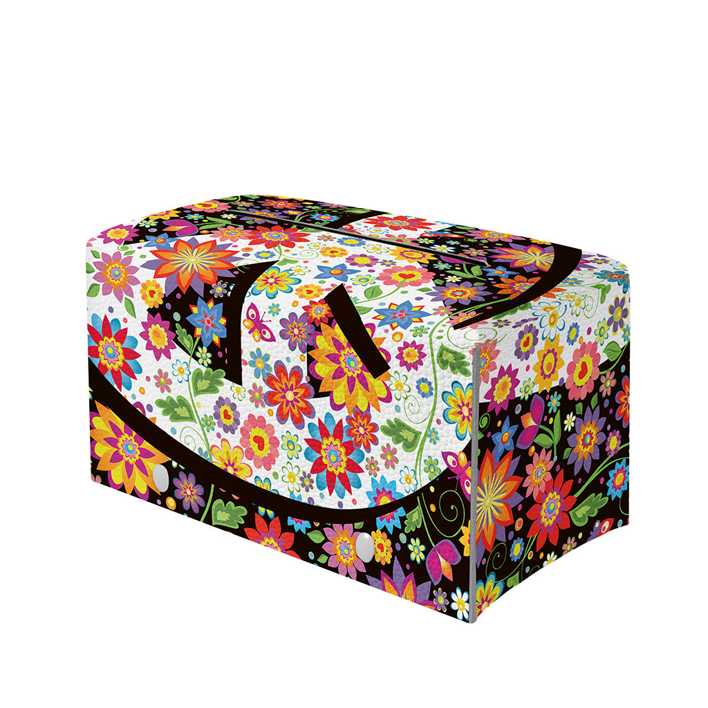 Hippie Flower Peace Sign Print Leather Tissue Box Cover