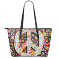 Hippie Flower Peace Sign Print Leather Tote Bag With Zipper
