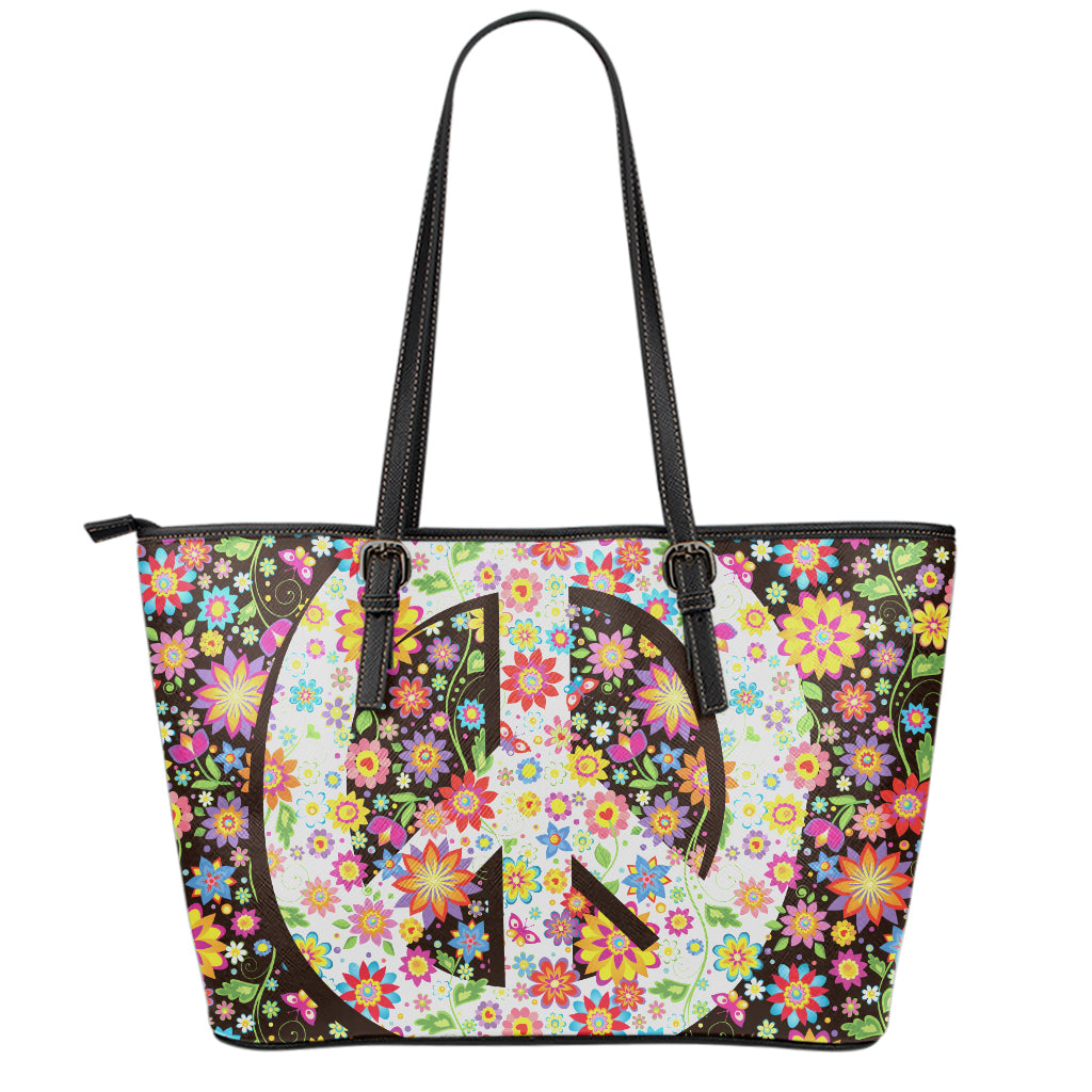 Hippie Flower Peace Sign Print Leather Tote Bag
