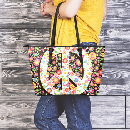 Hippie Flower Peace Sign Print Leather Tote Bag