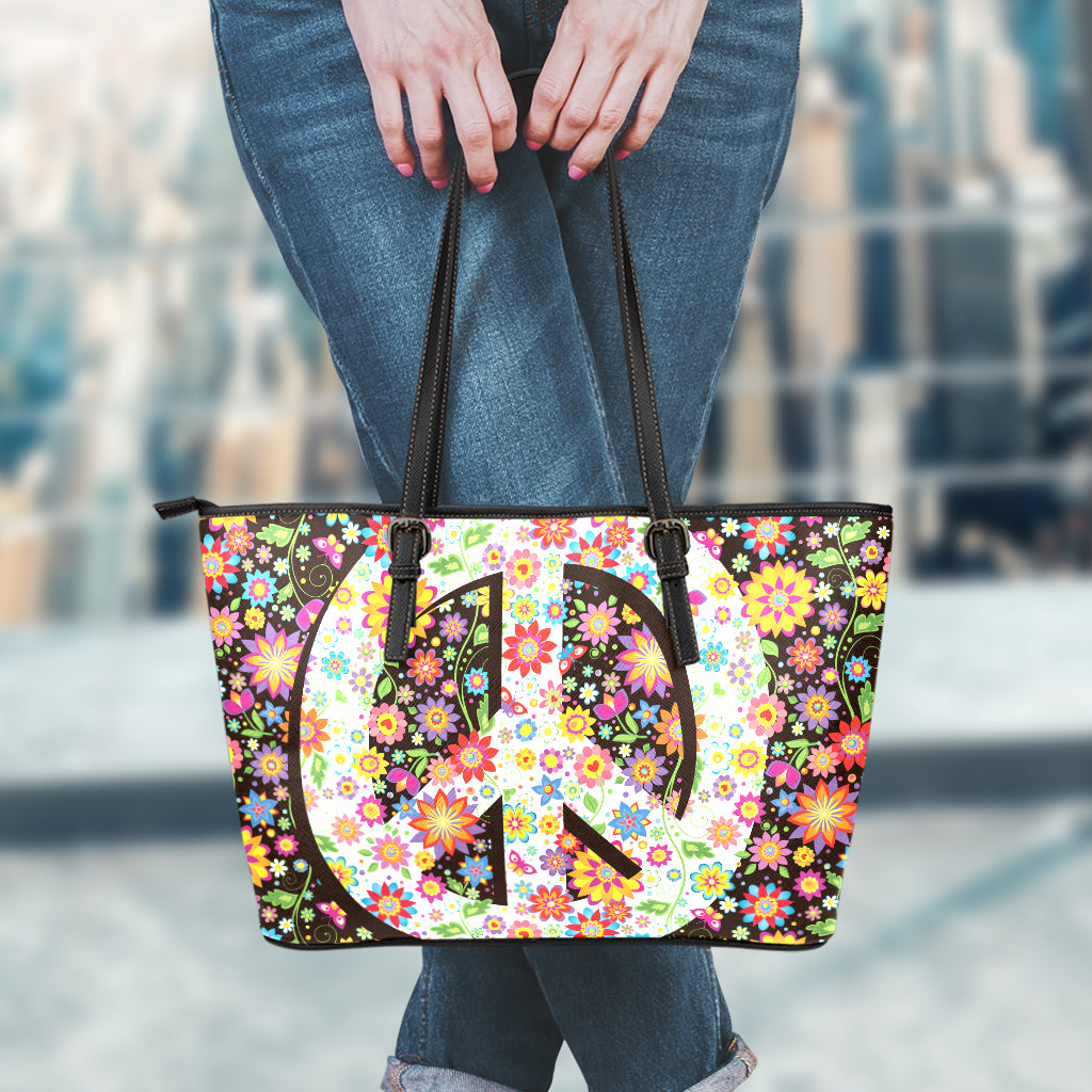 Hippie Flower Peace Sign Print Leather Tote Bag
