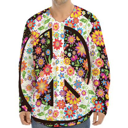 Hippie Flower Peace Sign Print Long Sleeve Baseball Jersey