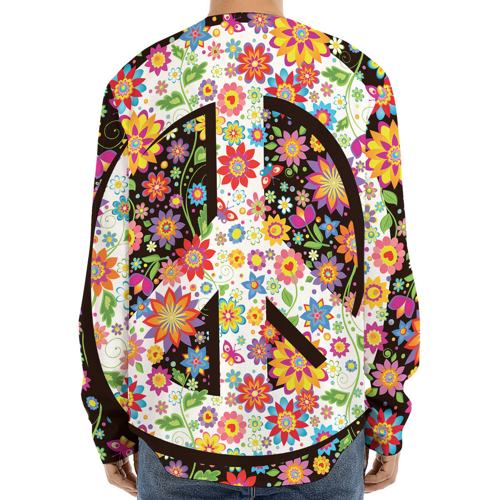 Hippie Flower Peace Sign Print Long Sleeve Baseball Jersey