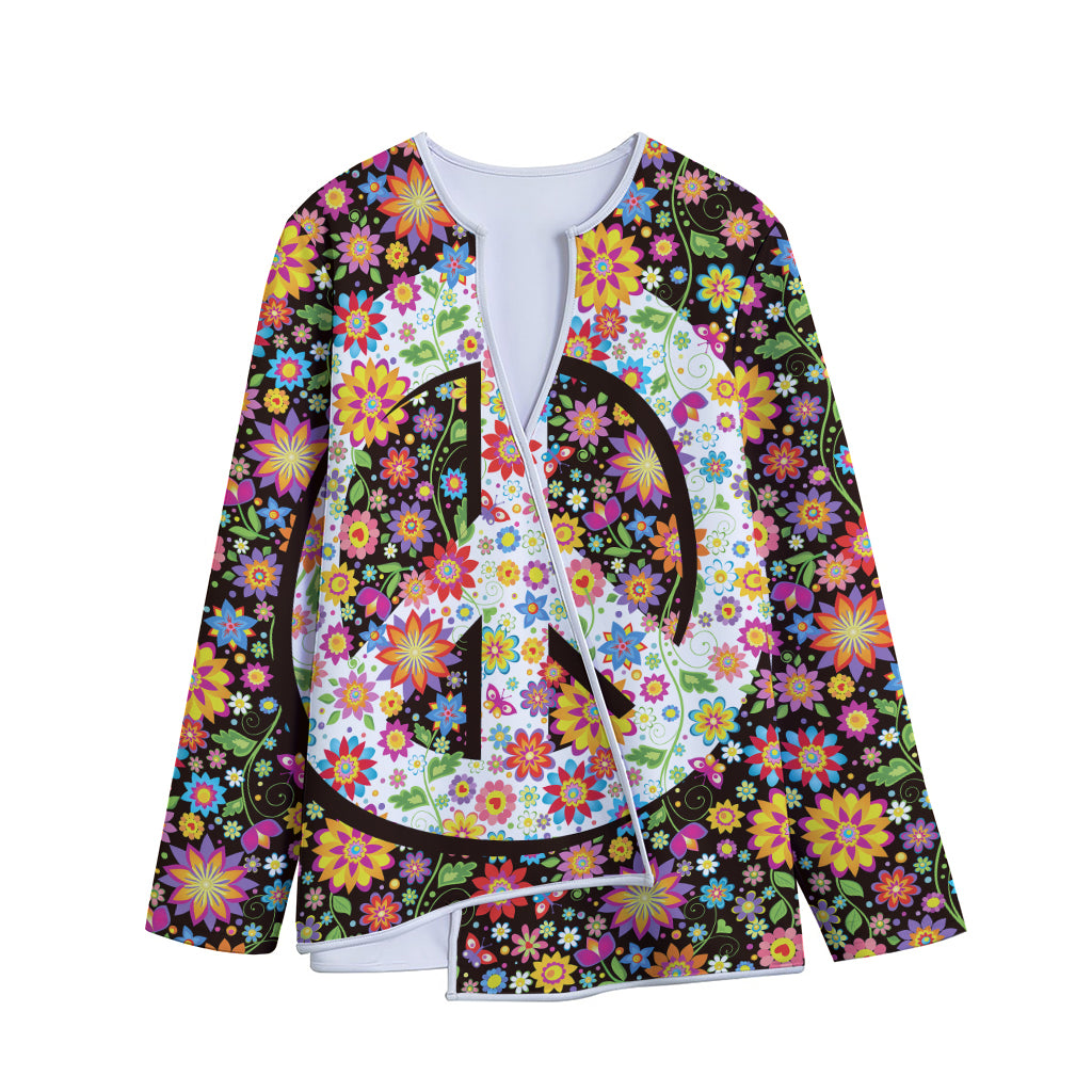 Hippie Flower Peace Sign Print Long Sleeve Short Coat