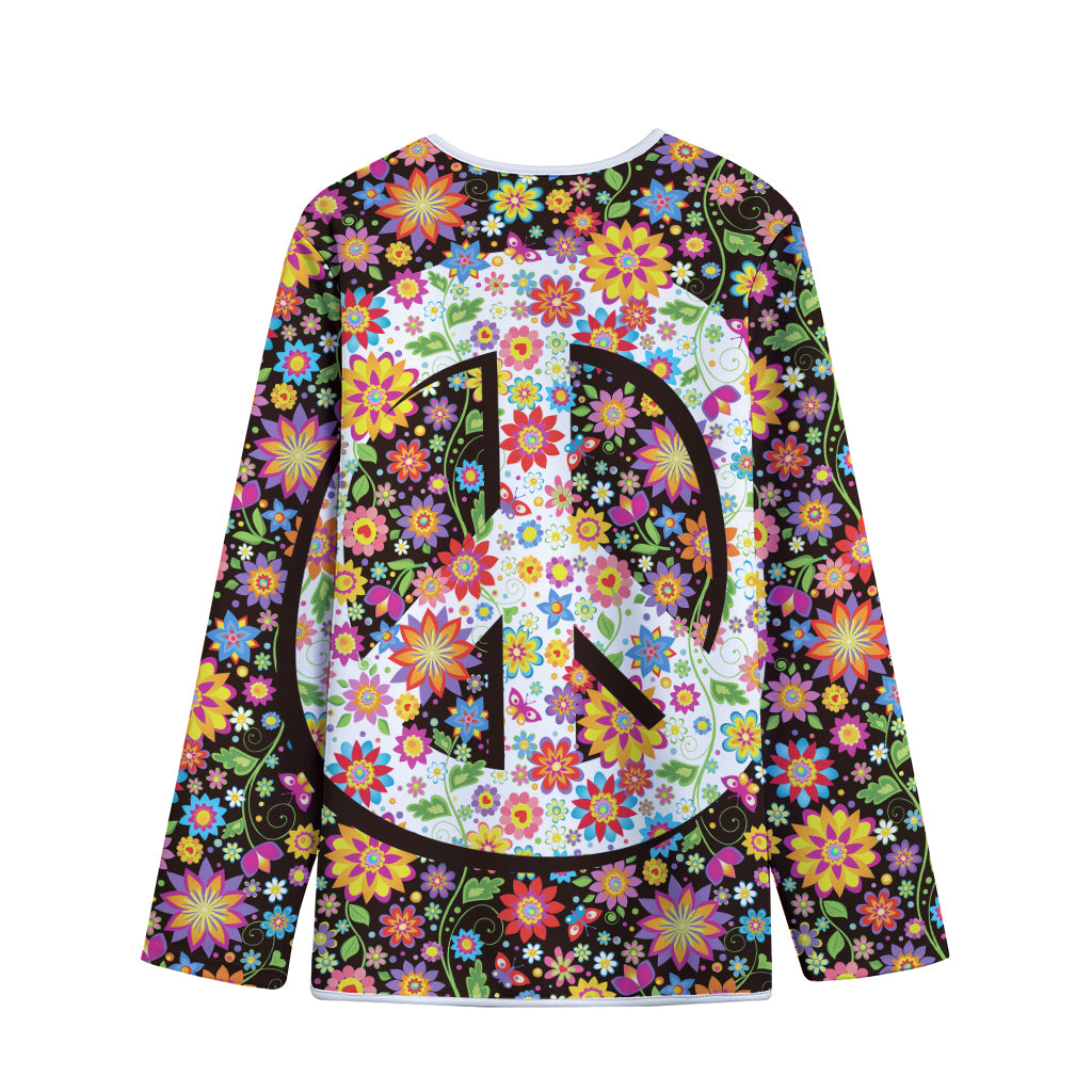Hippie Flower Peace Sign Print Long Sleeve Short Coat