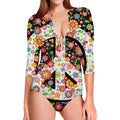 Hippie Flower Peace Sign Print Long Sleeve Swimsuit