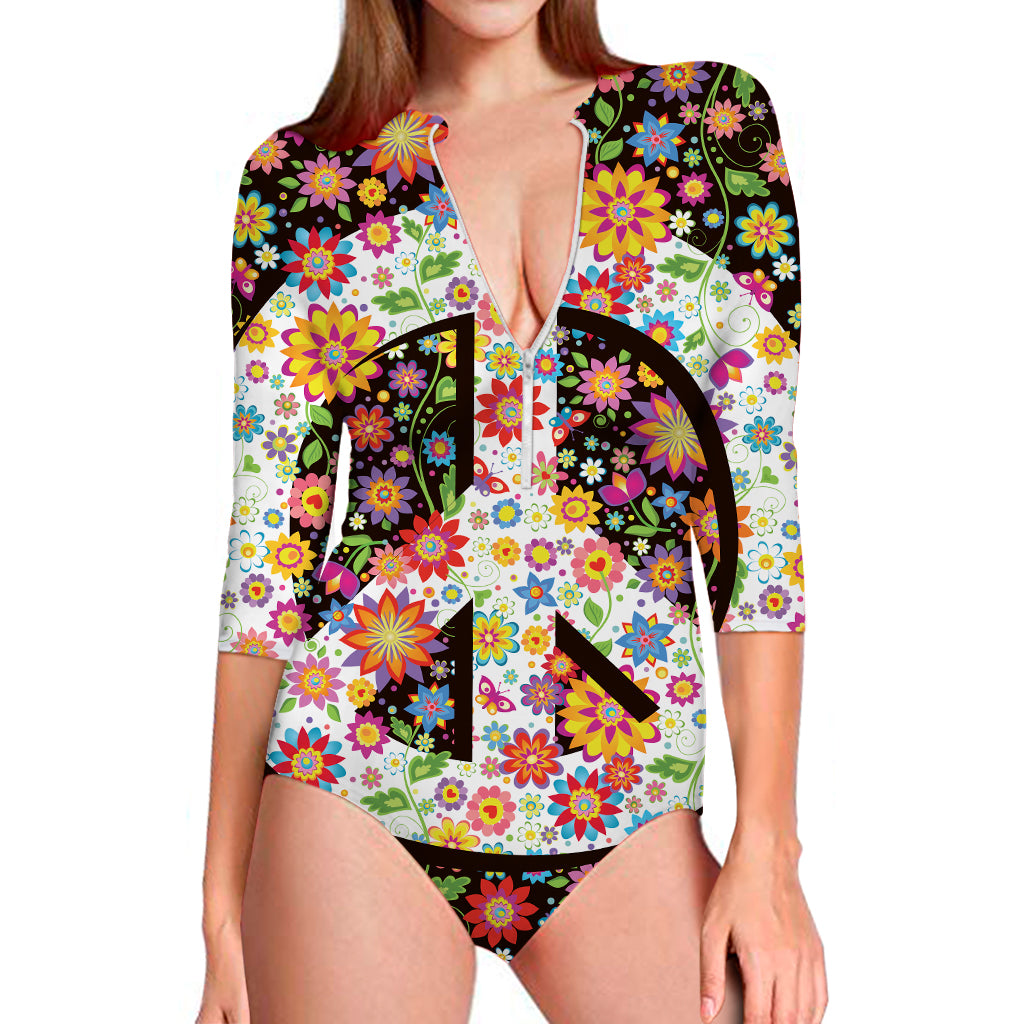 Hippie Flower Peace Sign Print Long Sleeve Swimsuit