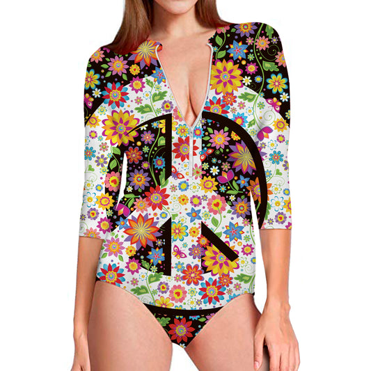 Hippie Flower Peace Sign Print Long Sleeve Swimsuit