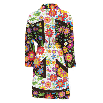 Hippie Flower Peace Sign Print Men's Bathrobe