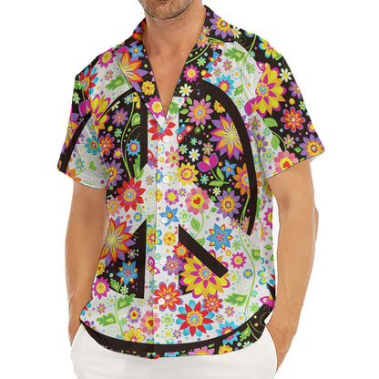 Hippie Flower Peace Sign Print Men's Deep V-Neck Shirt