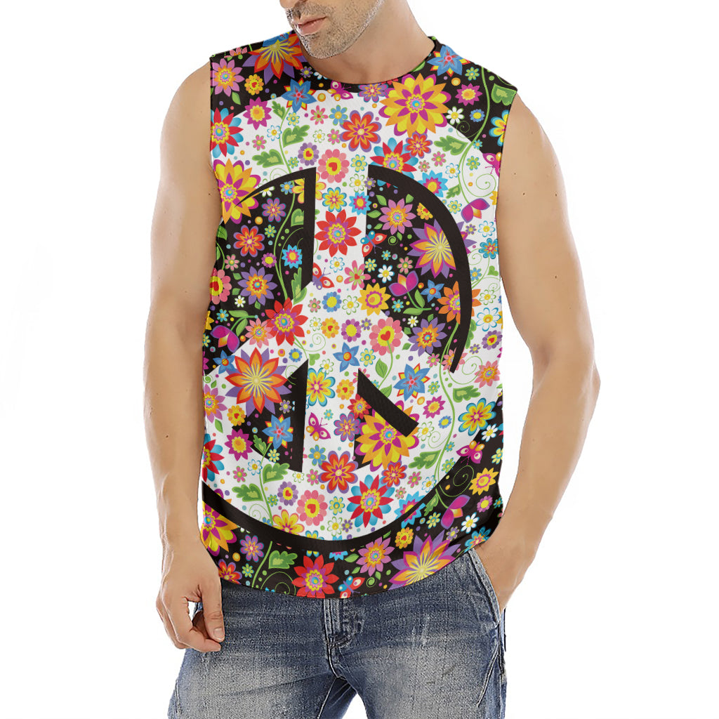 Hippie Flower Peace Sign Print Men's Fitness Tank Top