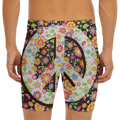Hippie Flower Peace Sign Print Men's Long Boxer Briefs