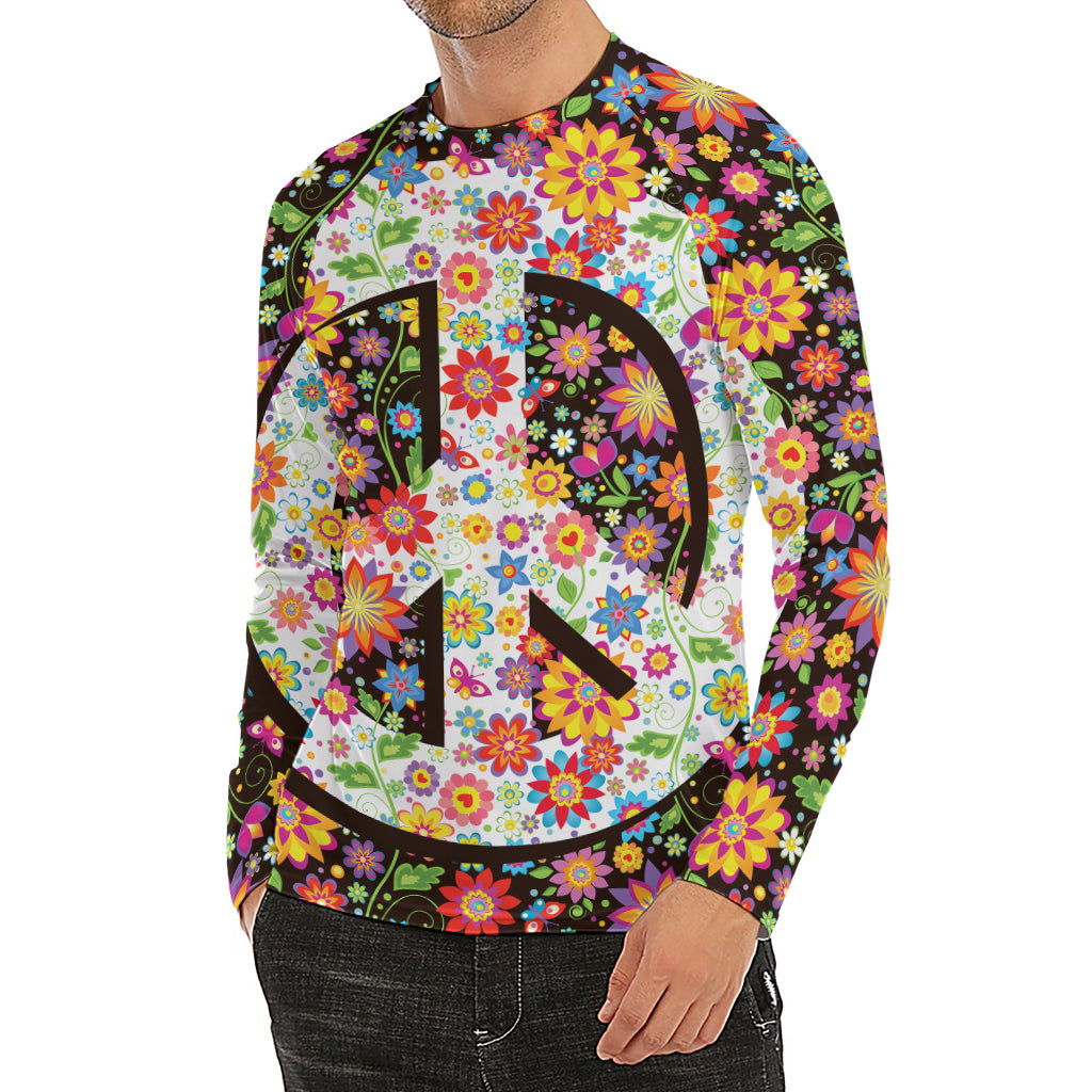 Hippie Flower Peace Sign Print Men's Long Sleeve Rash Guard