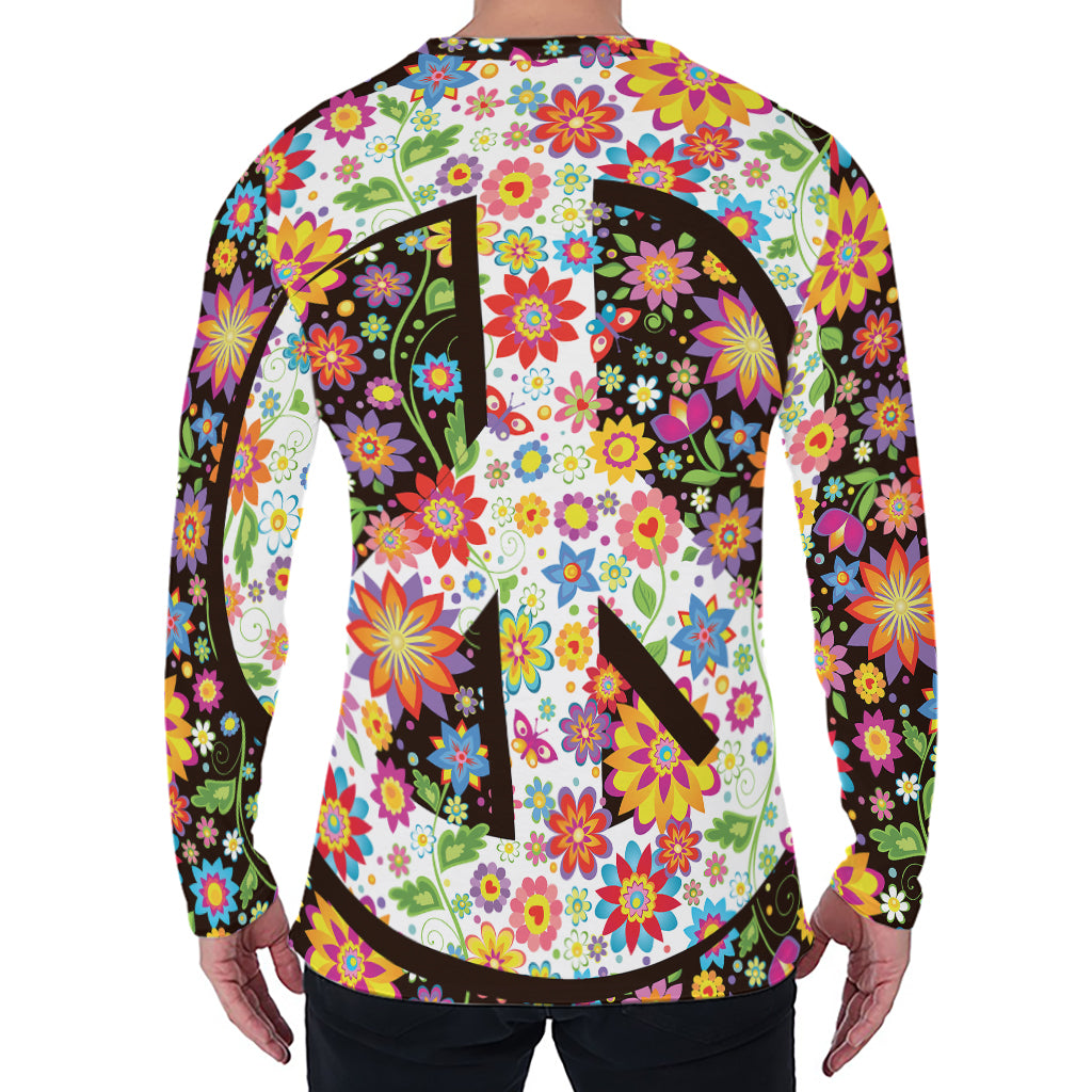 Hippie Flower Peace Sign Print Men's Long Sleeve T-Shirt