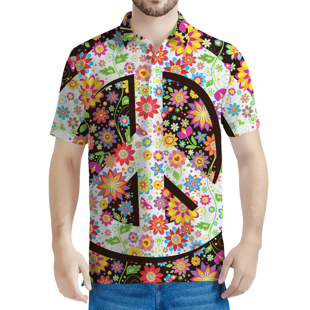 Hippie Flower Peace Sign Print Men's Polo Shirt