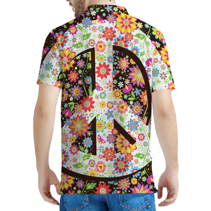 Hippie Flower Peace Sign Print Men's Polo Shirt