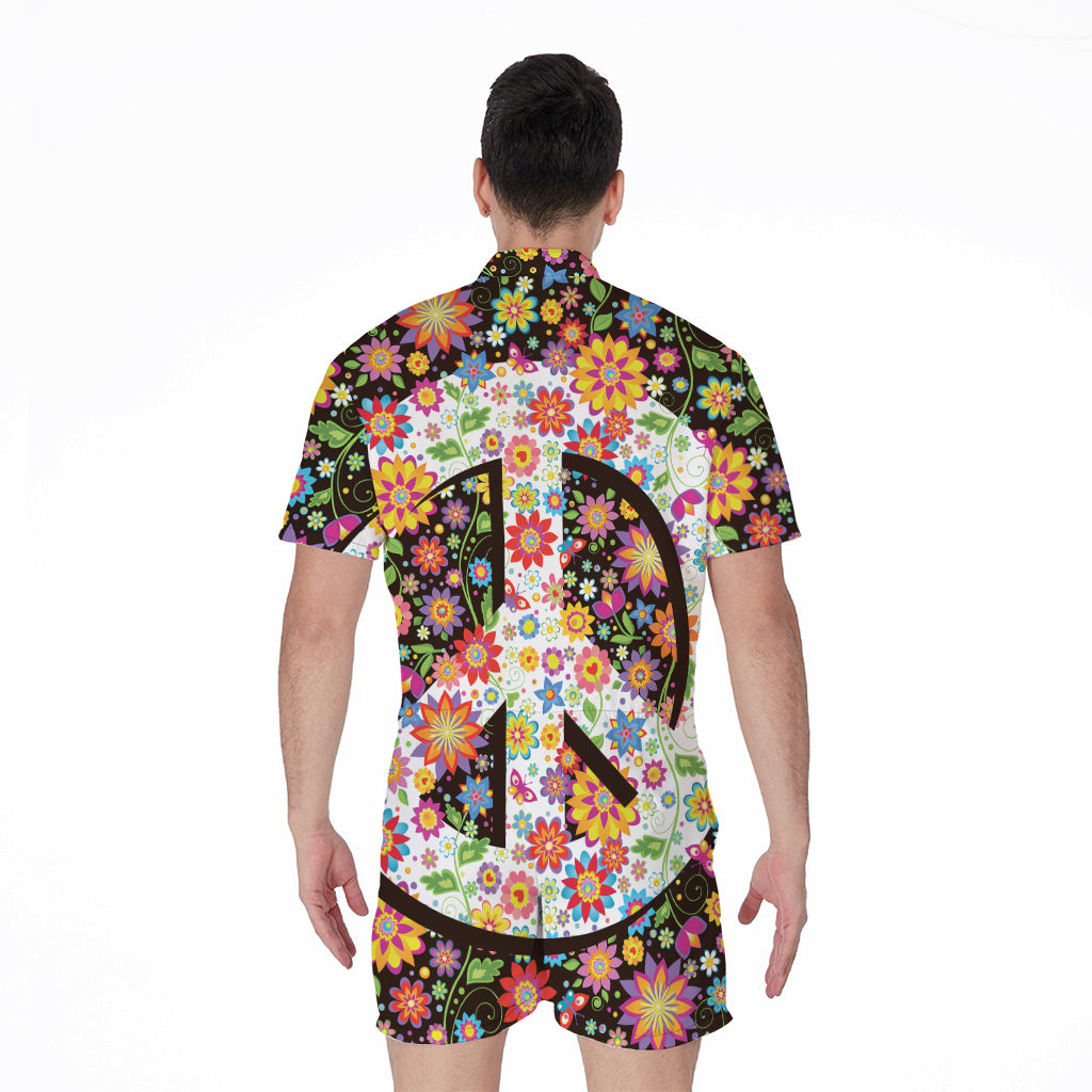 Hippie Flower Peace Sign Print Men's Rompers