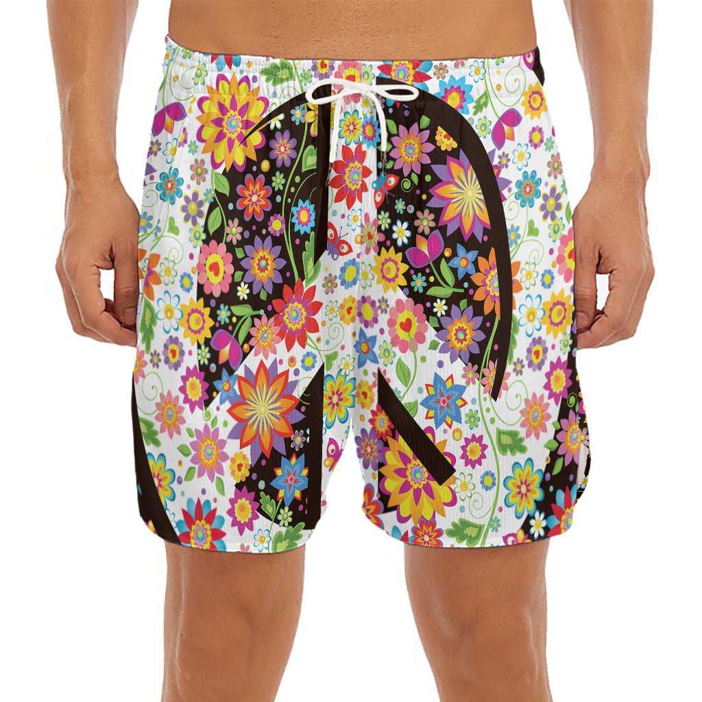 Hippie Flower Peace Sign Print Men's Split Running Shorts