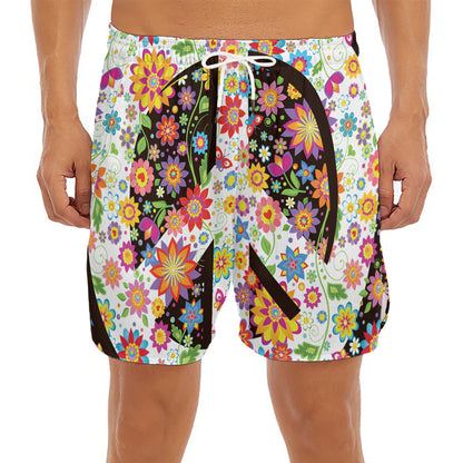 Hippie Flower Peace Sign Print Men's Split Running Shorts