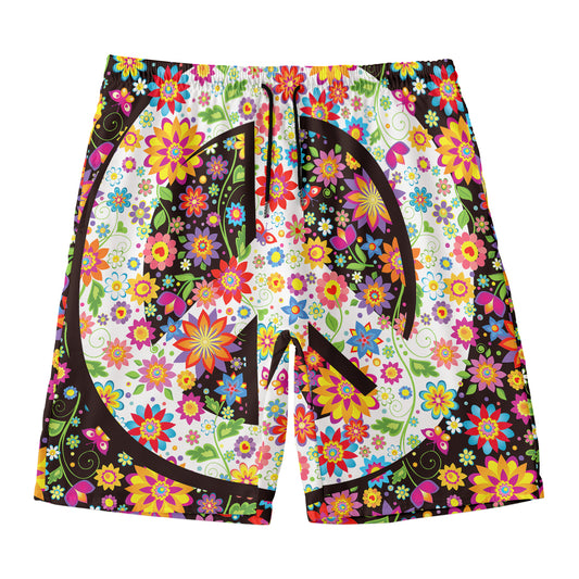 Hippie Flower Peace Sign Print Men's Swim Trunks