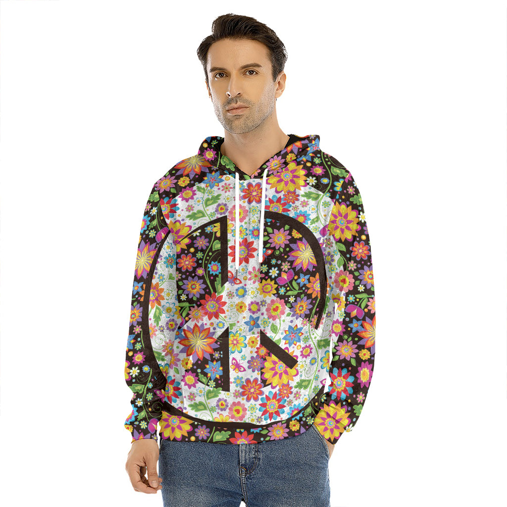 Hippie Flower Peace Sign Print Men's Velvet Pullover Hoodie