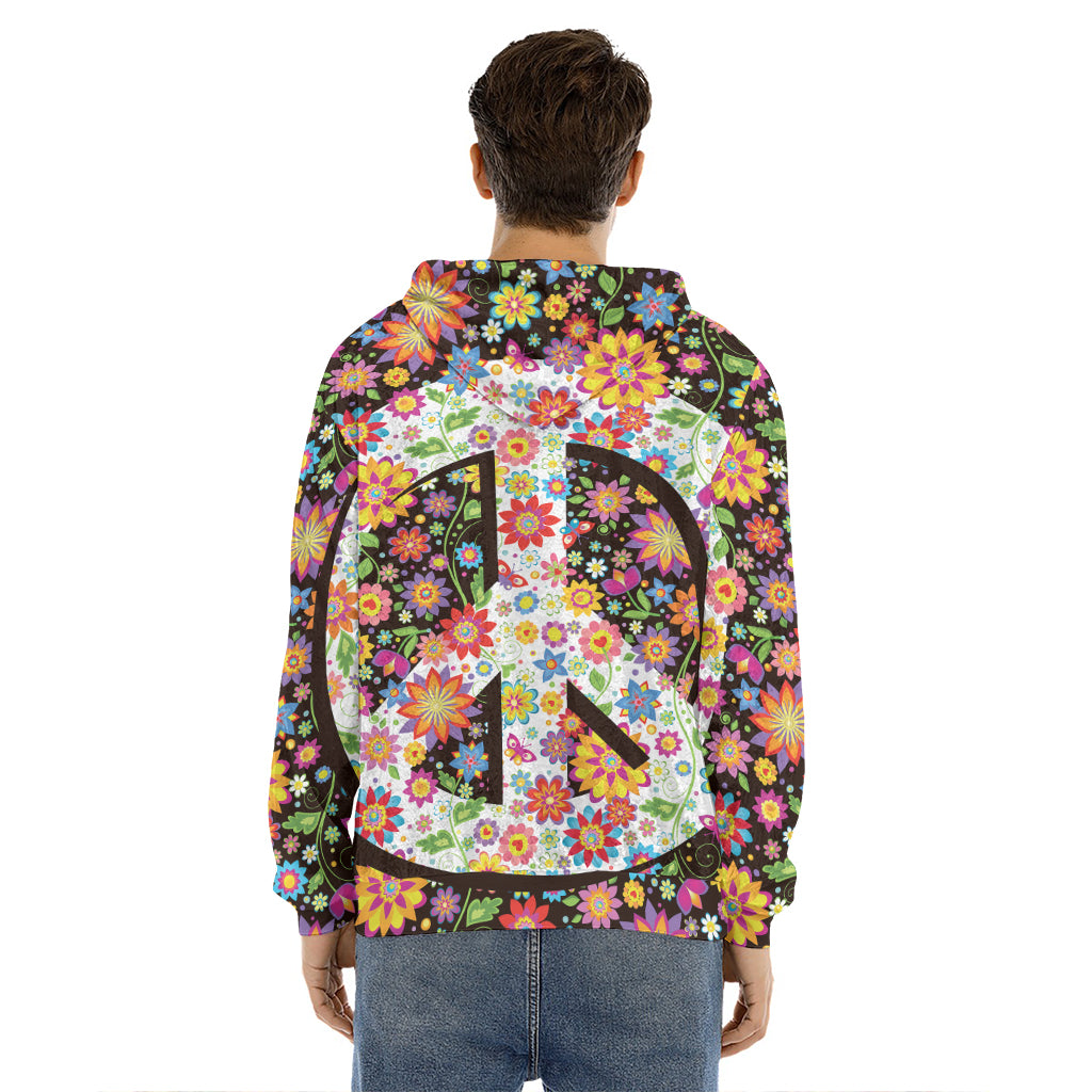 Hippie Flower Peace Sign Print Men's Velvet Pullover Hoodie
