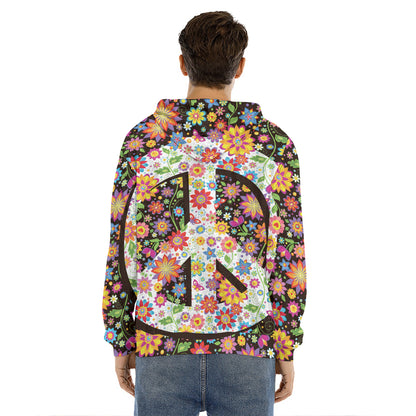 Hippie Flower Peace Sign Print Men's Velvet Pullover Hoodie