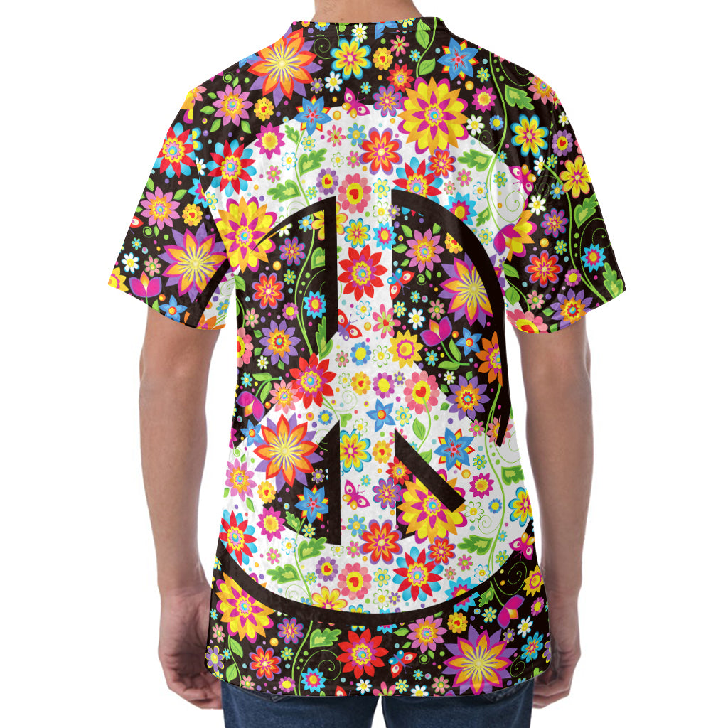 Hippie Flower Peace Sign Print Men's Velvet T-Shirt