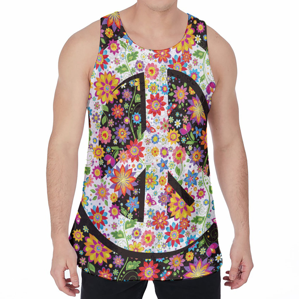 Hippie Flower Peace Sign Print Men's Velvet Tank Top