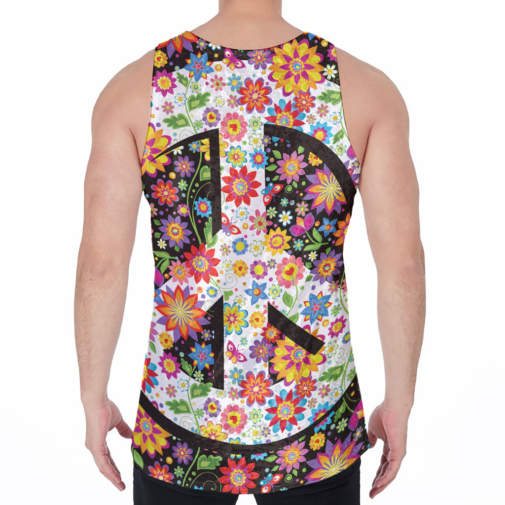 Hippie Flower Peace Sign Print Men's Velvet Tank Top