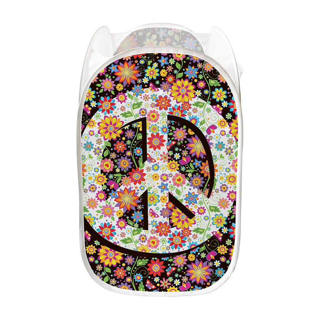 Hippie Flower Peace Sign Print Mesh Laundry Hamper