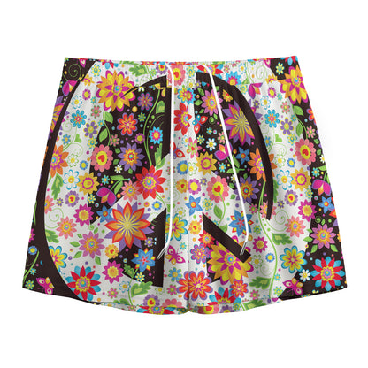 Hippie Flower Peace Sign Print Mesh Shorts