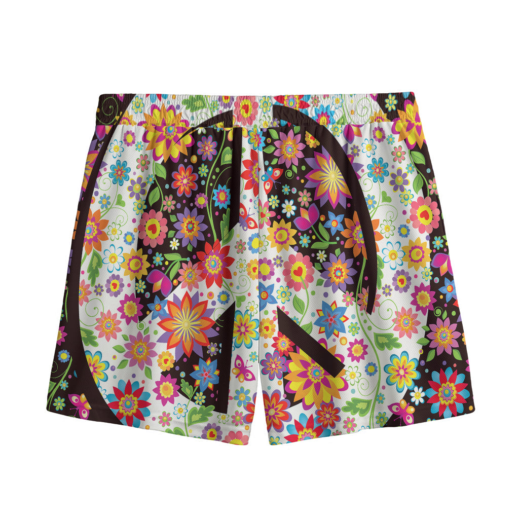 Hippie Flower Peace Sign Print Mesh Shorts
