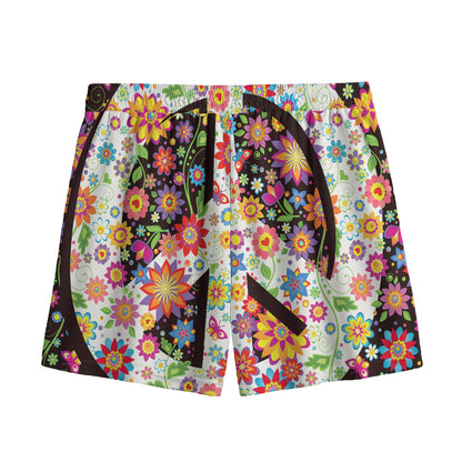 Hippie Flower Peace Sign Print Mesh Shorts