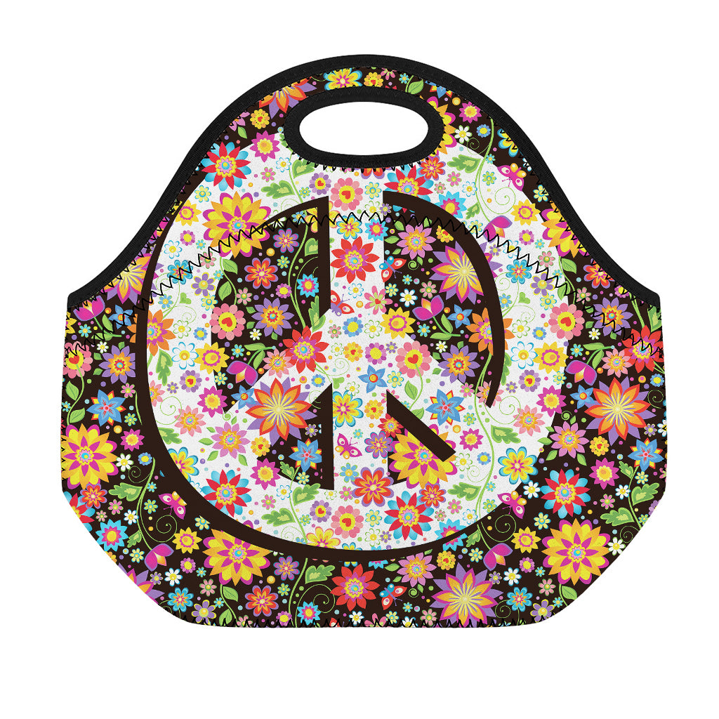 Hippie Flower Peace Sign Print Neoprene Lunch Bag