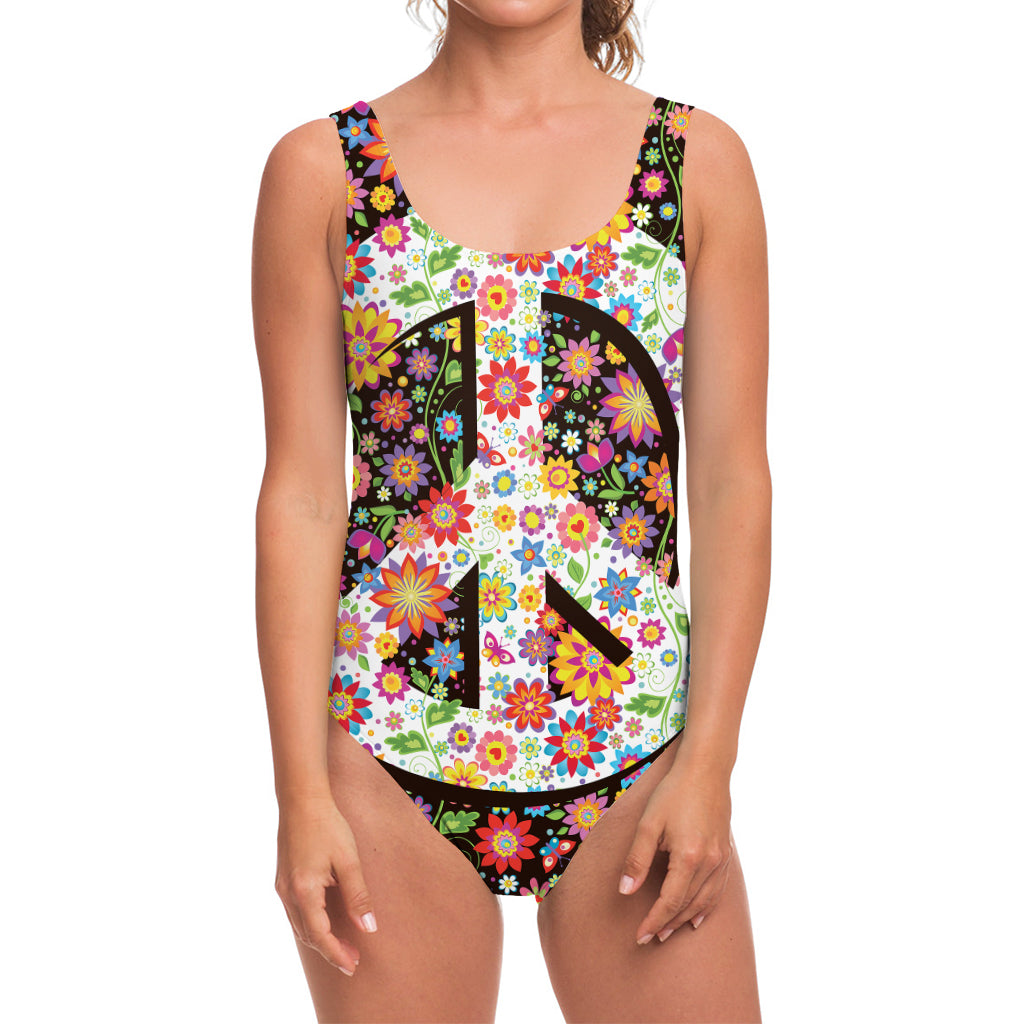 Hippie Flower Peace Sign Print One Piece Swimsuit