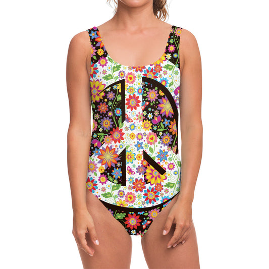 Hippie Flower Peace Sign Print One Piece Swimsuit