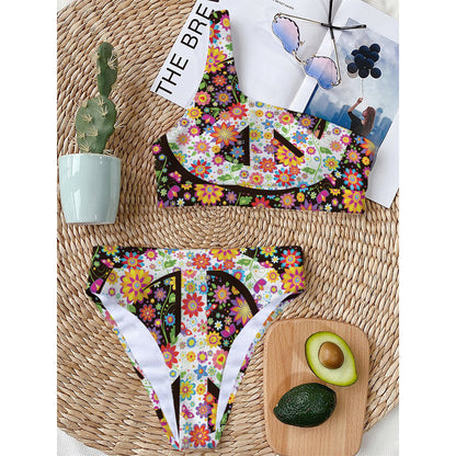 Hippie Flower Peace Sign Print One Shoulder Bikini Top