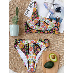 Hippie Flower Peace Sign Print One Shoulder Bikini Top